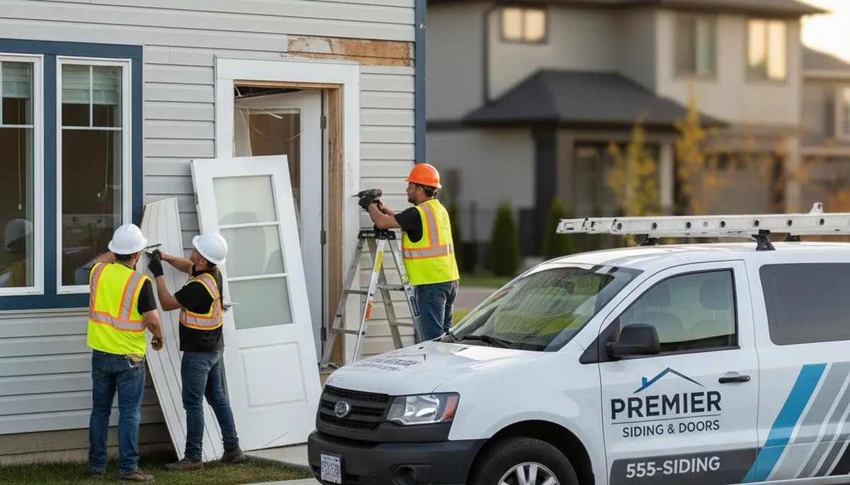 Technician repairing warped door frame with vinyl siding in Salt Lake City, UT