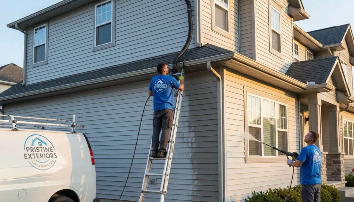 Technician cleaning residential gutters and vinyl siding in Salt Lake City UT for weather protection