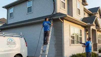 Technician cleaning residential gutters and vinyl siding in Salt Lake City UT for weather protection