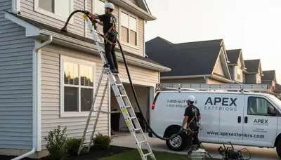 Technician cleaning vinyl siding and gutters on Salt Lake City UT home exterior