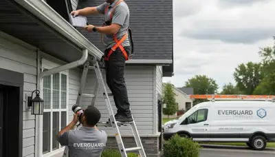 Technician performing gutter inspection on vinyl siding home in Salt Lake City, UT