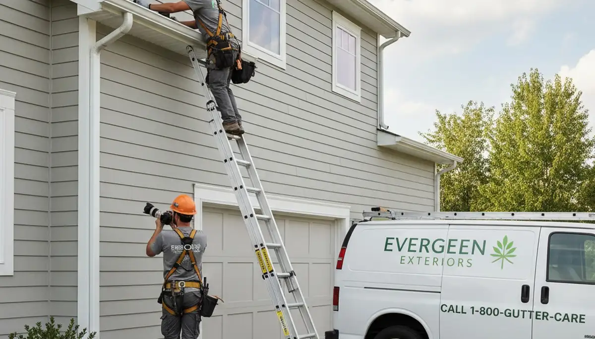 Technician performing gutter inspection on Salt Lake City home with vinyl siding exterior