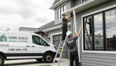 Technician repairing home gutters in Salt Lake City UT for Next Level Exteriors siding contractors