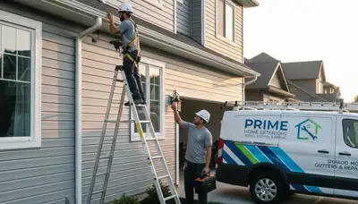 Technician performing gutter repair on vinyl siding home in Salt Lake City, UT