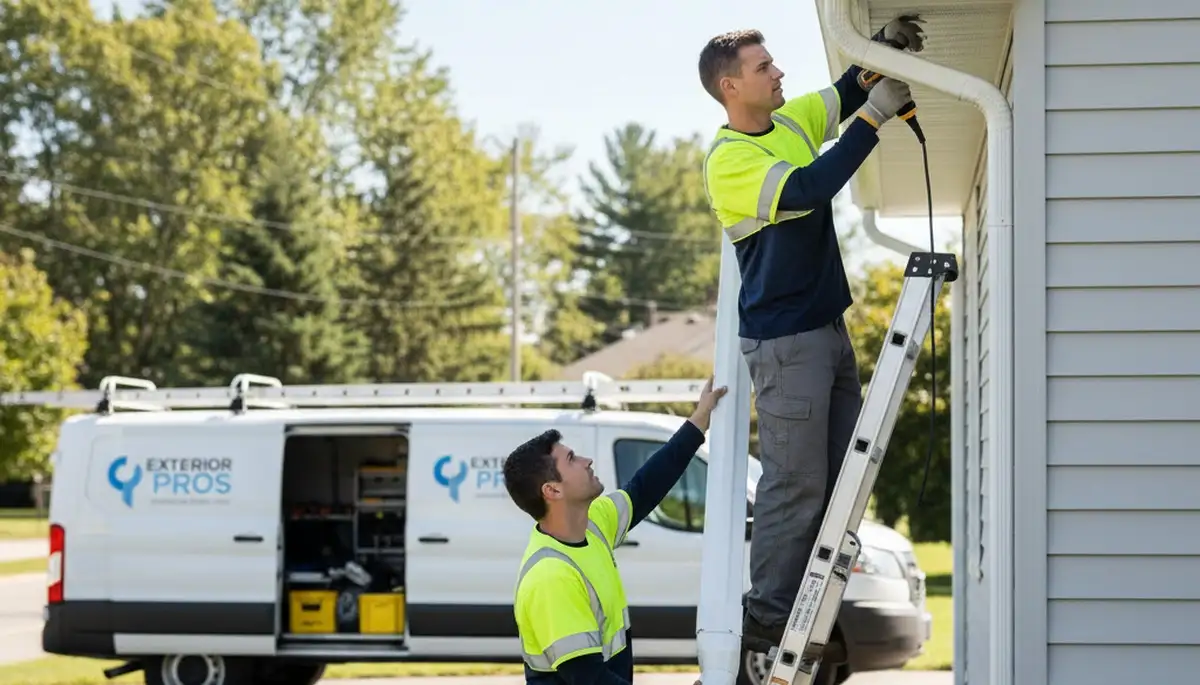 Technician repairing residential gutters in Salt Lake City UT for Next Level Exteriors siding specialists
