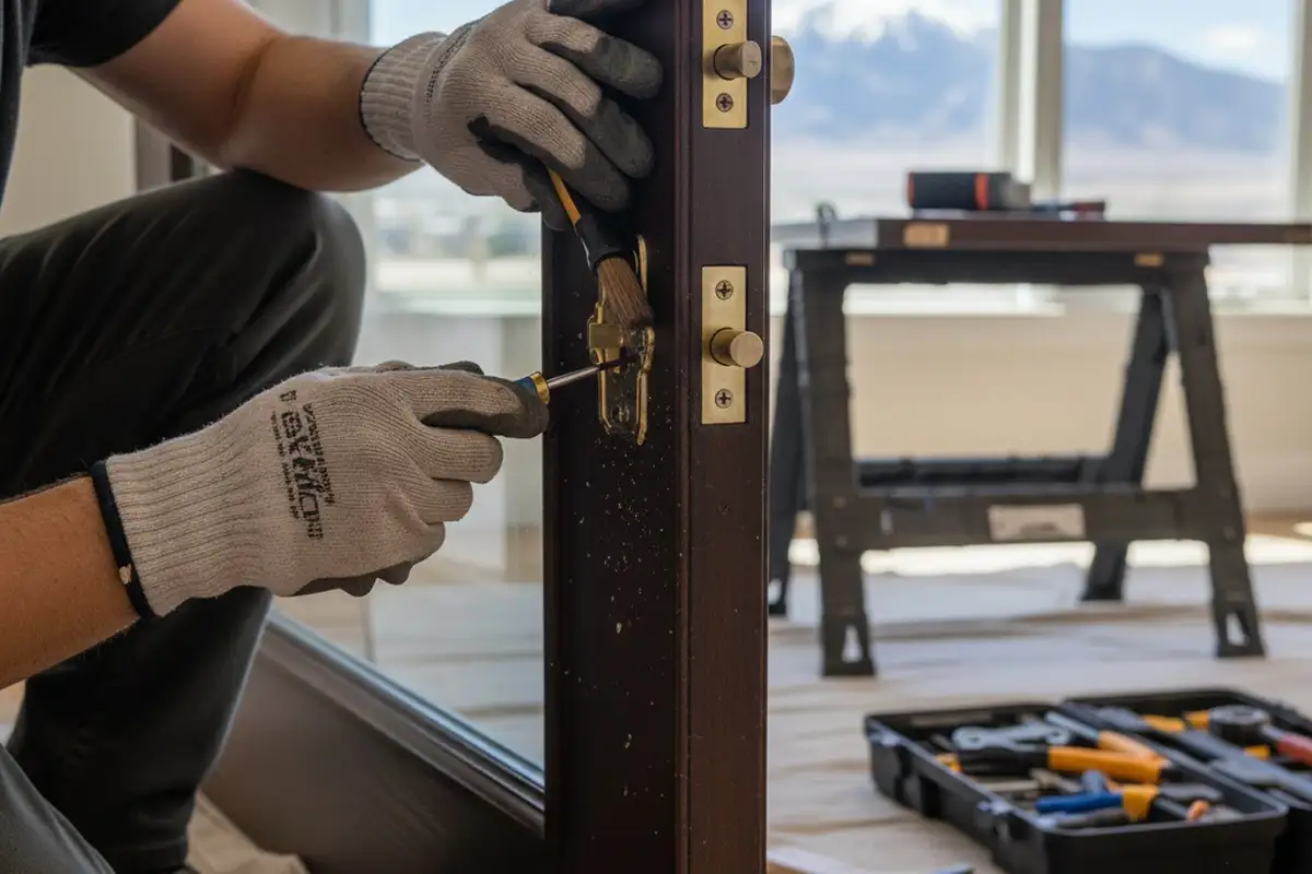 Technician performing precise door repair at Salt Lake City home for Next Level Exteriors vinyl siding services
