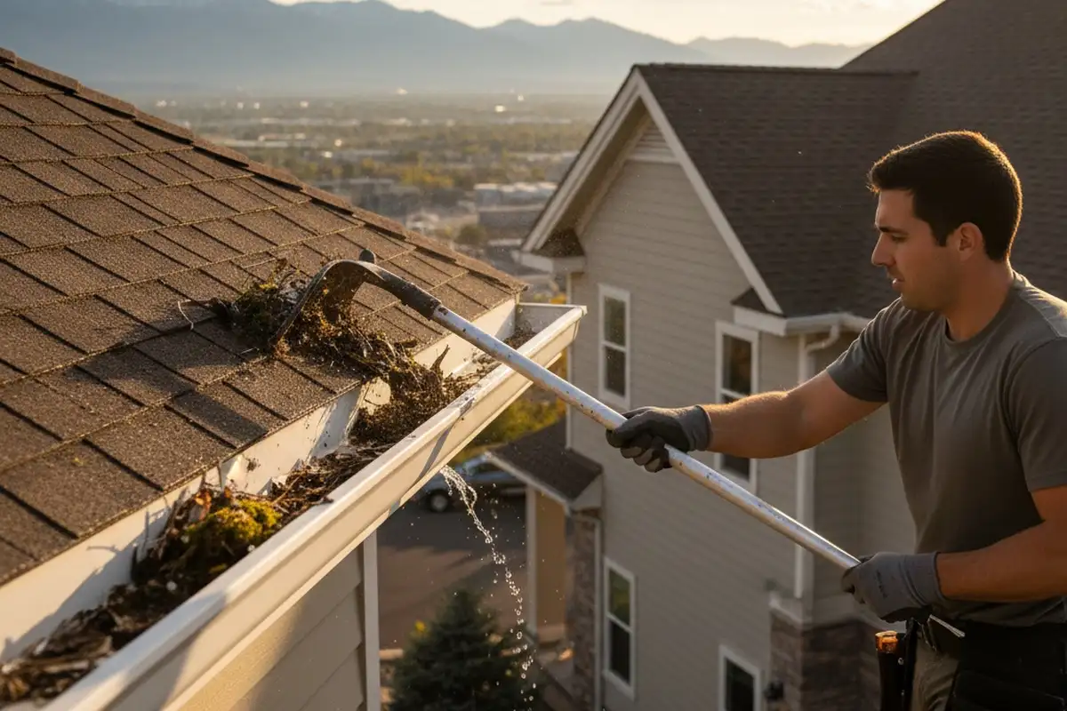 Technician cleaning gutter joints and downspouts in Salt Lake City, UT for thorough debris removal