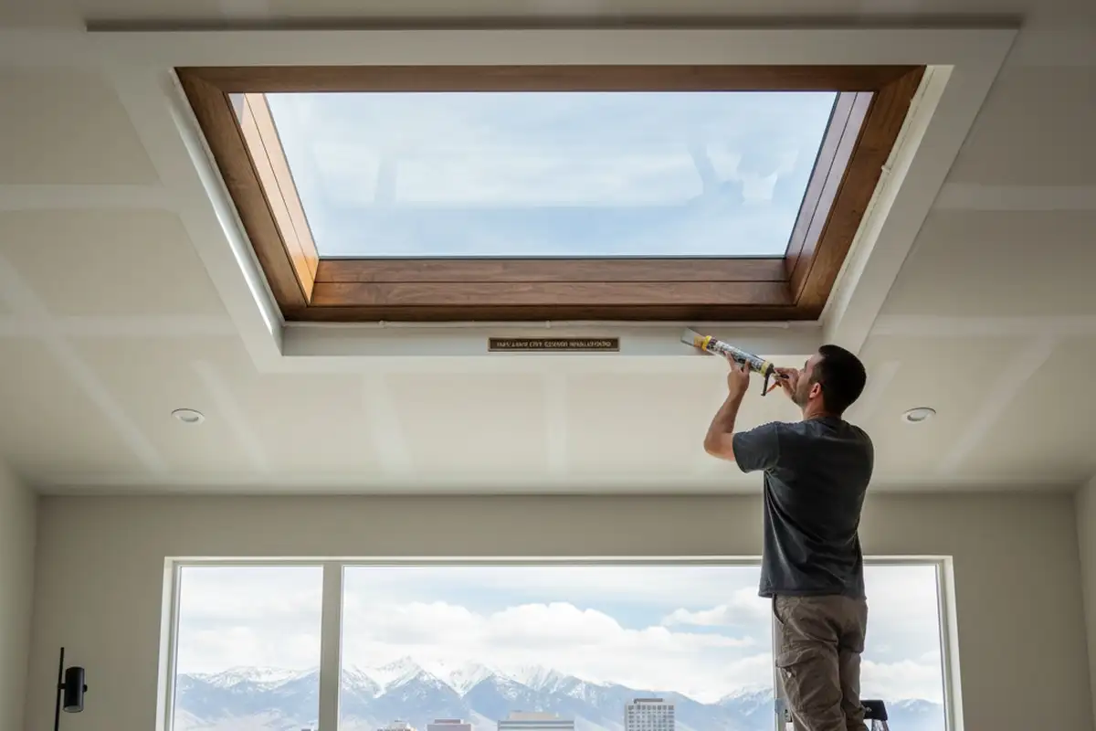 Technician applying final trim and caulking for skylight installation in Salt Lake City UT home