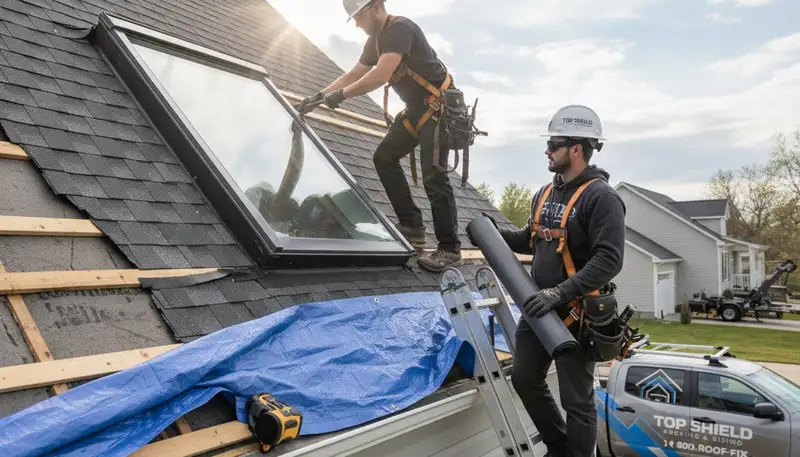 Technician repairing skylight and vinyl siding on Salt Lake City UT home exterior