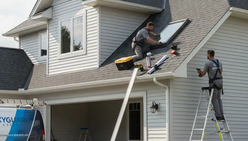 Vinyl siding contractors repairing skylight leaks on Salt Lake City UT home exterior