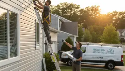 Technician repairing vinyl siding on Salt Lake City UT home exterior damaged by weather