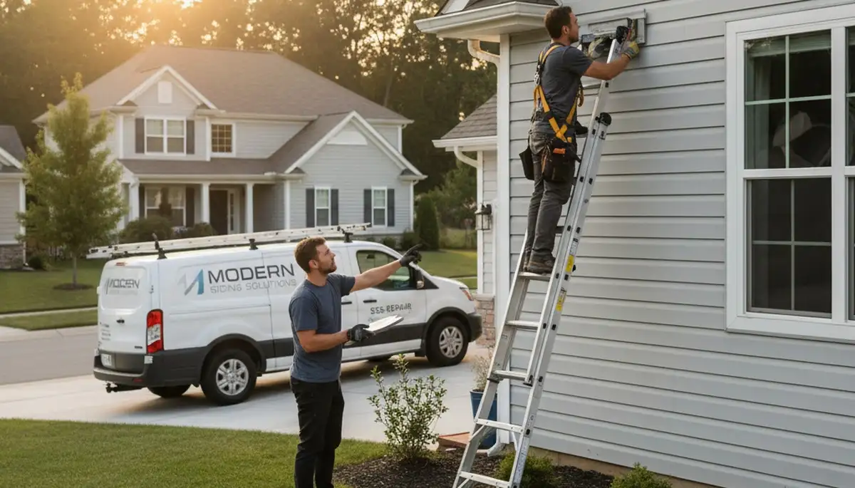 Technician repairing damaged vinyl siding on Salt Lake City home exterior